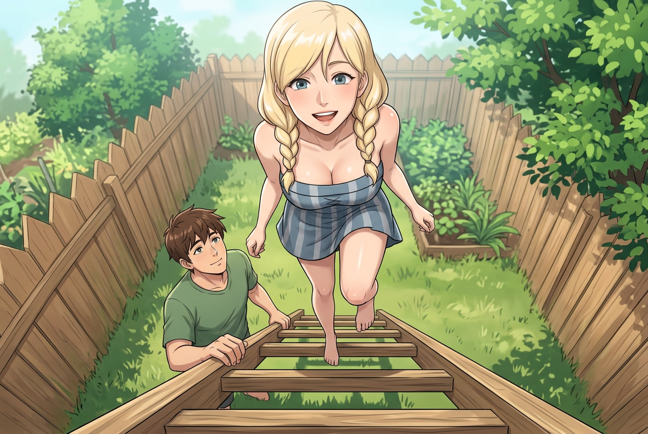 A young woman in a striped sundress climbing a wooden ladder mid-step while her friend holds it steady from below