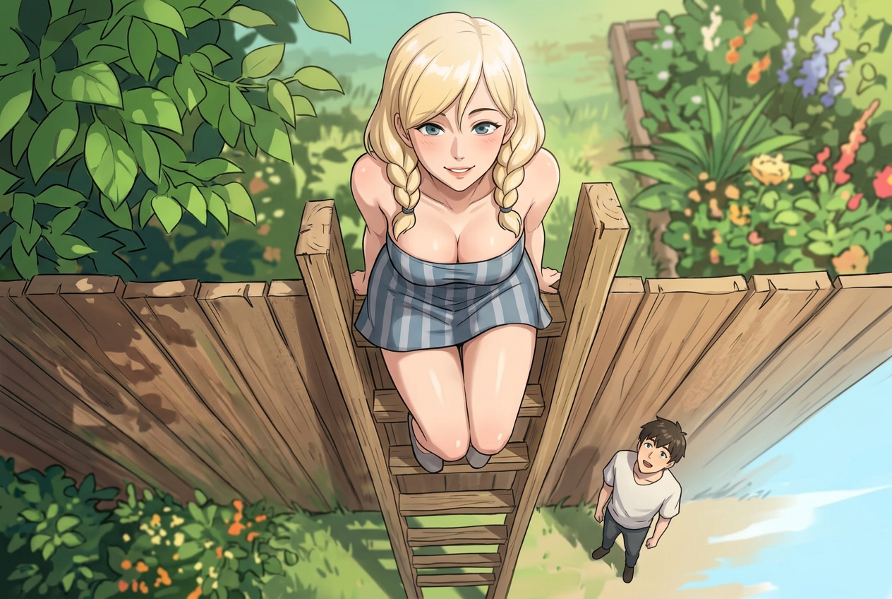 The same woman at the top of the ladder, leaning over the fence and smiling down at her friend waiting below